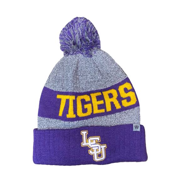 Louisiana State University LSU Tigers Pom Pom Beanie Grey Purple Gold Hat - Picture 2 of 7